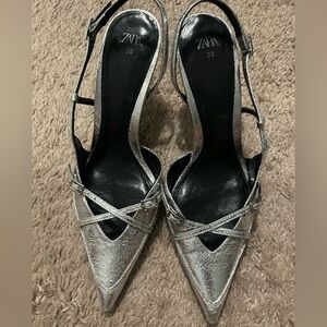 Zara Metallic Silver Strappy Heels